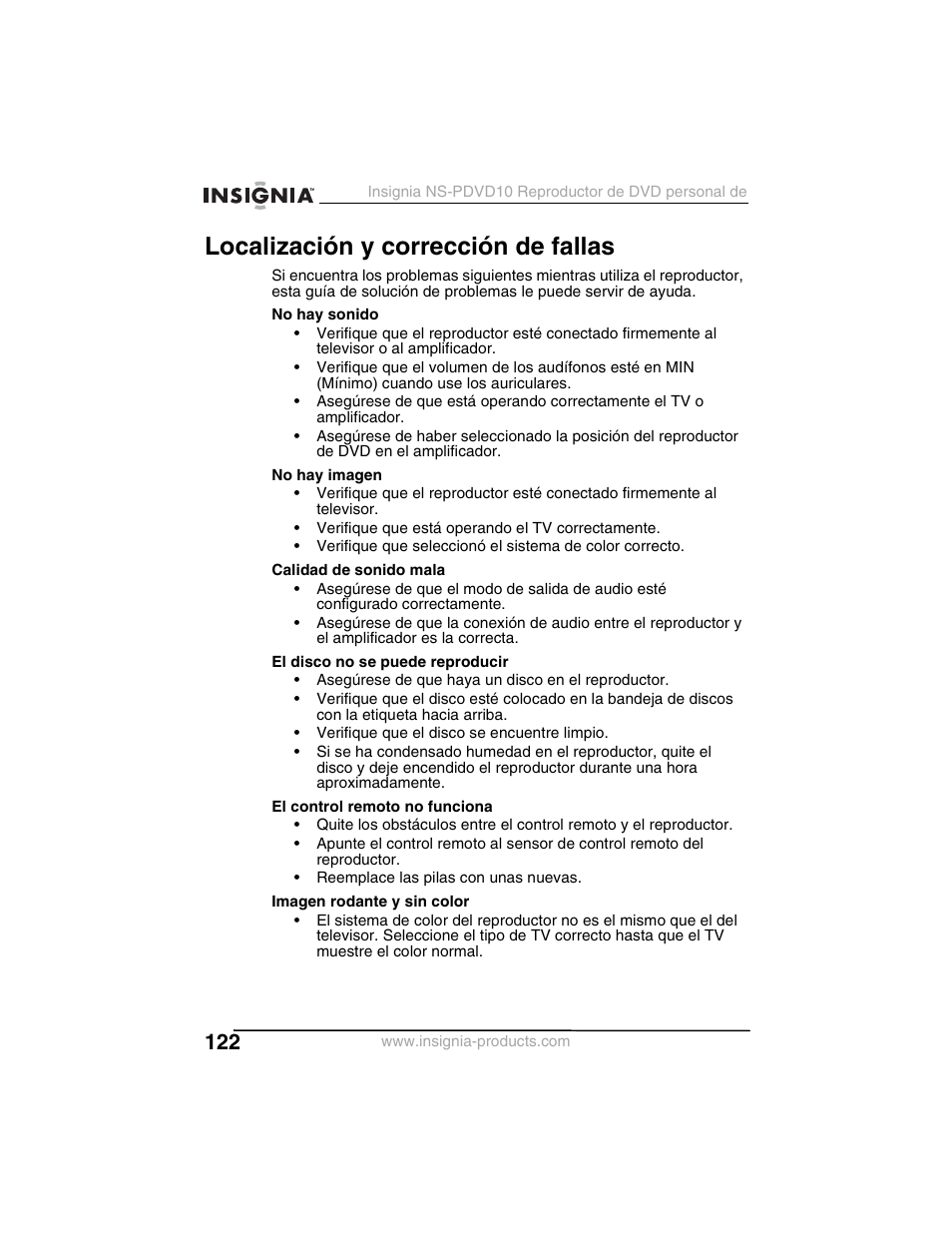 Localización y corrección de fallas | Insignia NS-PDVD10 User Manual | Page 124 / 130