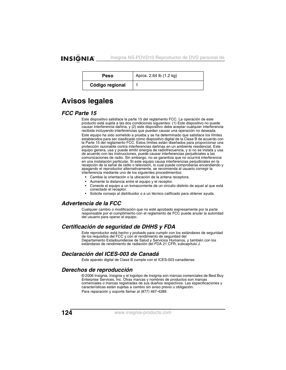 Avisos legales, Fcc parte 15, Advertencia de la fcc | Certificación de seguridad de dhhs y fda, Declaración del ices-003 de canadá, Derechos de reproducción | Insignia NS-PDVD10 User Manual | Page 126 / 130
