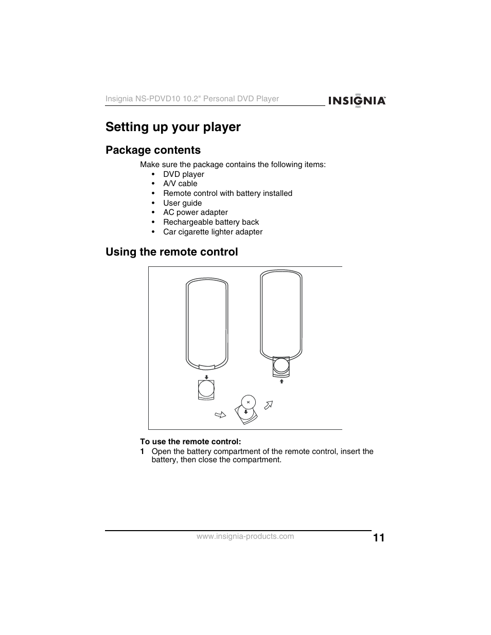 Setting up your player, Package contents, Using the remote control | Insignia NS-PDVD10 User Manual | Page 13 / 130