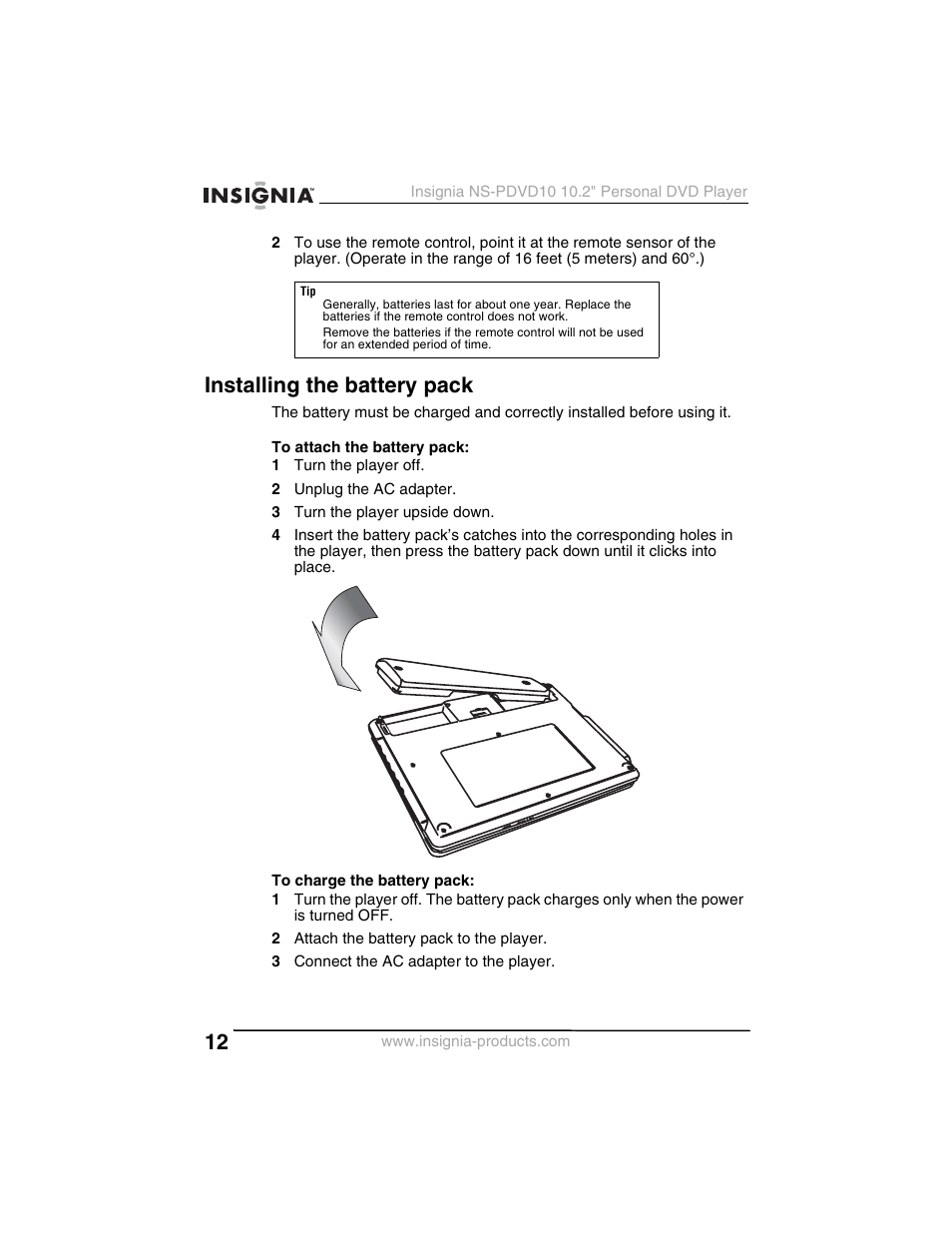Installing the battery pack | Insignia NS-PDVD10 User Manual | Page 14 / 130