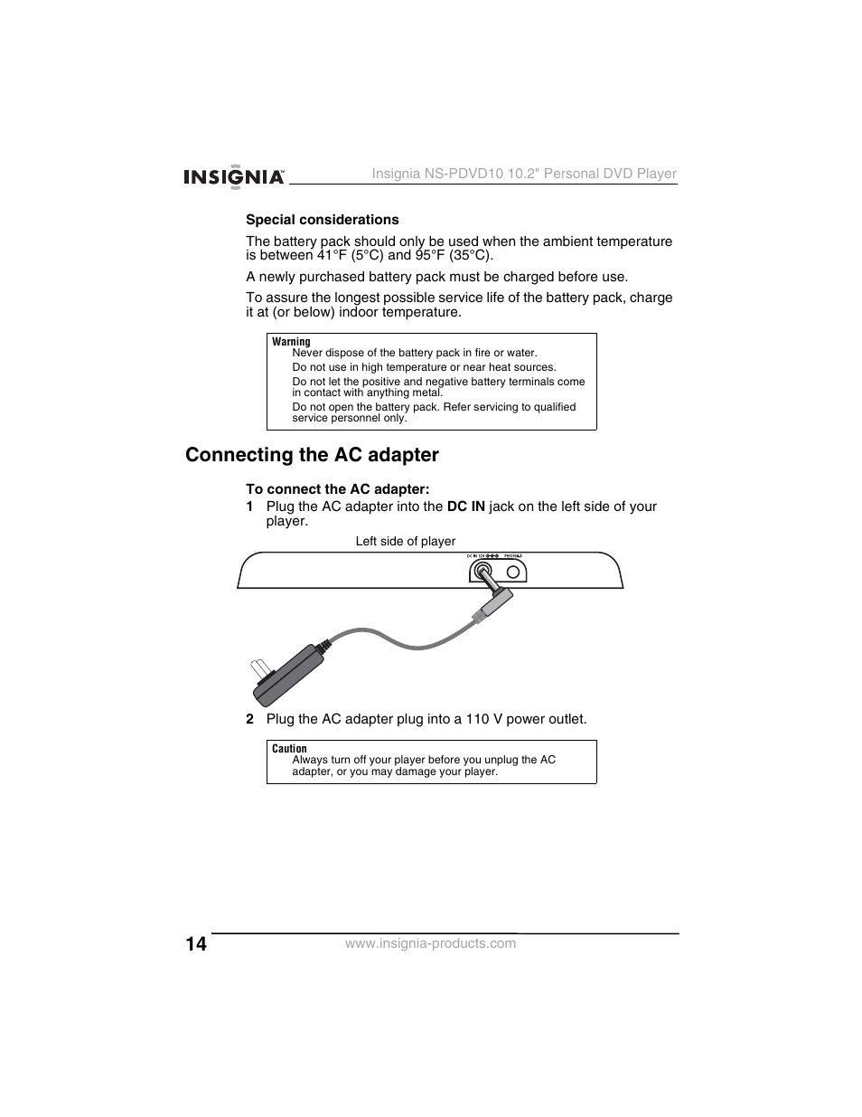 Connecting the ac adapter | Insignia NS-PDVD10 User Manual | Page 16 / 130