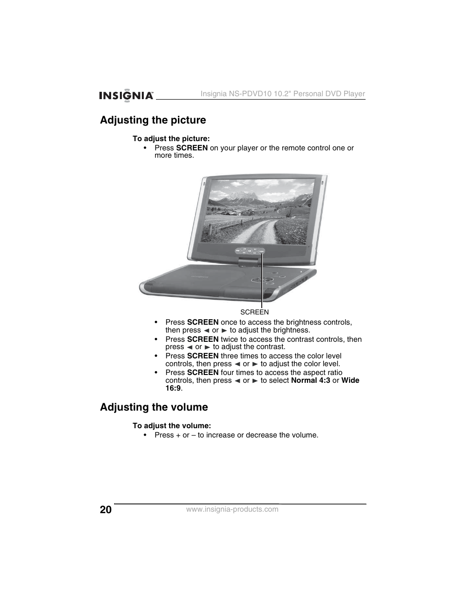 Adjusting the picture, Adjusting the volume | Insignia NS-PDVD10 User Manual | Page 22 / 130