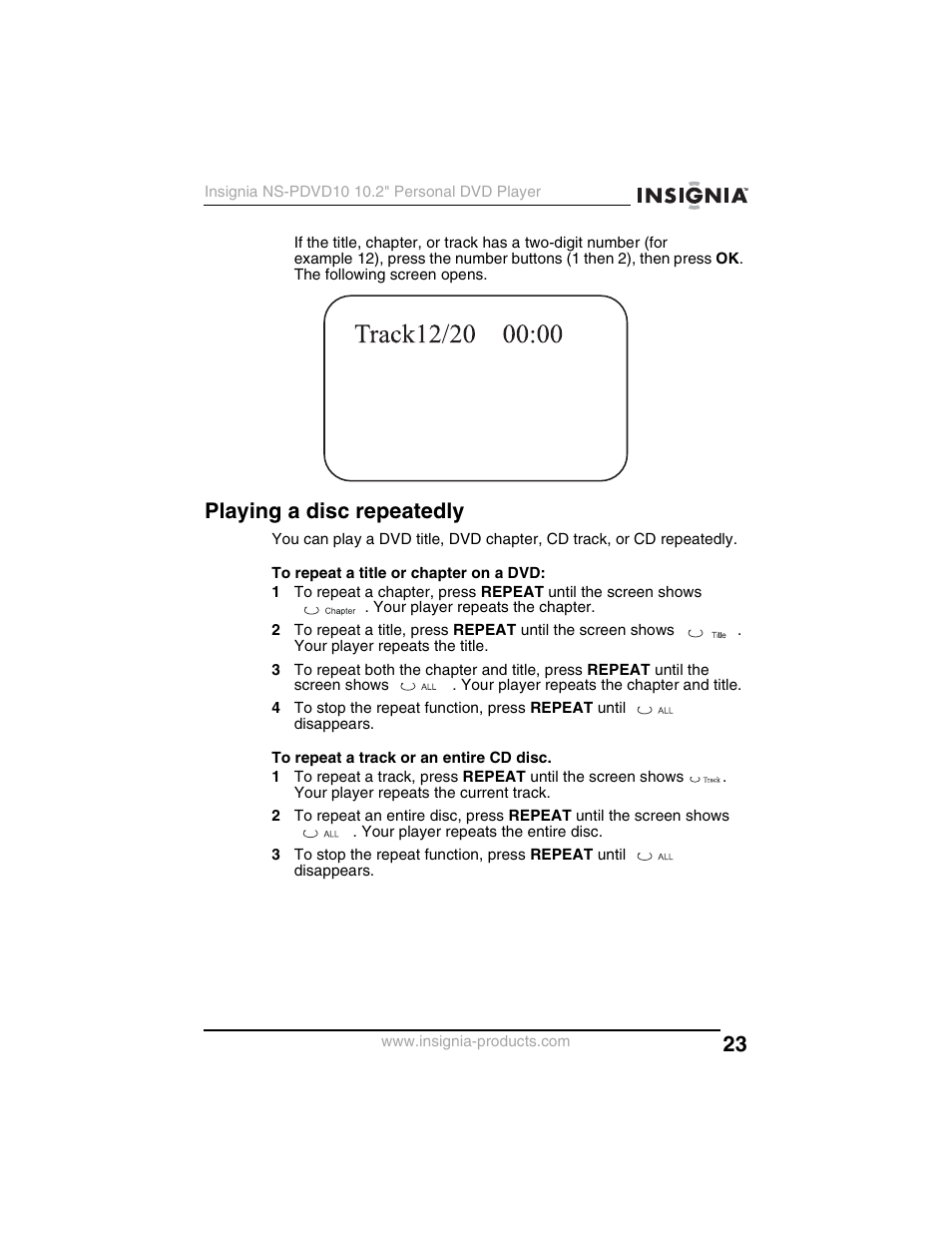 Playing a disc repeatedly | Insignia NS-PDVD10 User Manual | Page 25 / 130
