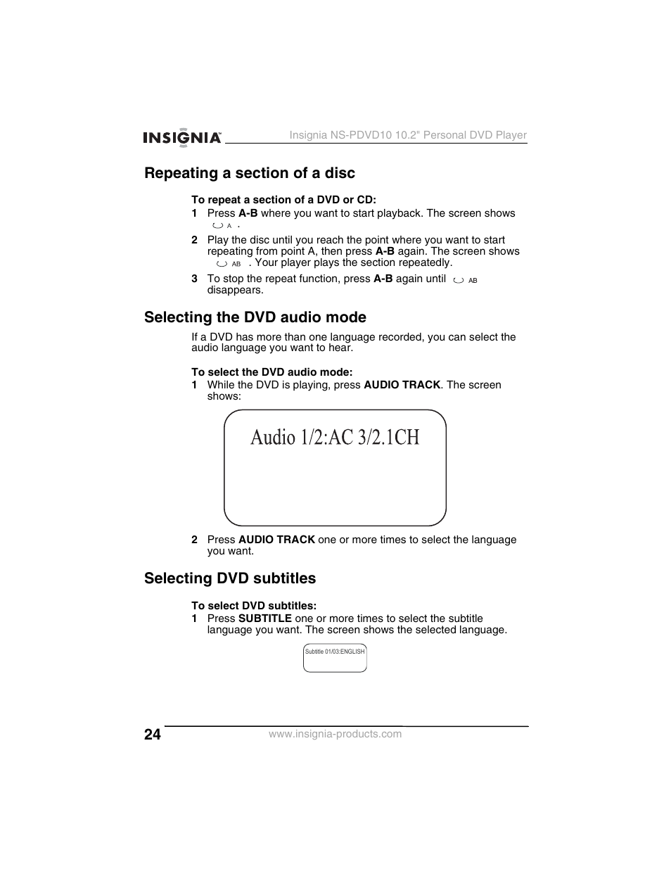 Selecting the dvd audio mode, Selecting dvd subtitles | Insignia NS-PDVD10 User Manual | Page 26 / 130