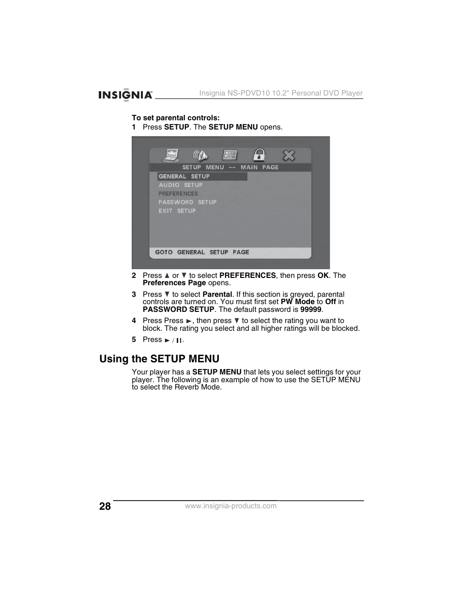 Using the setup menu | Insignia NS-PDVD10 User Manual | Page 30 / 130