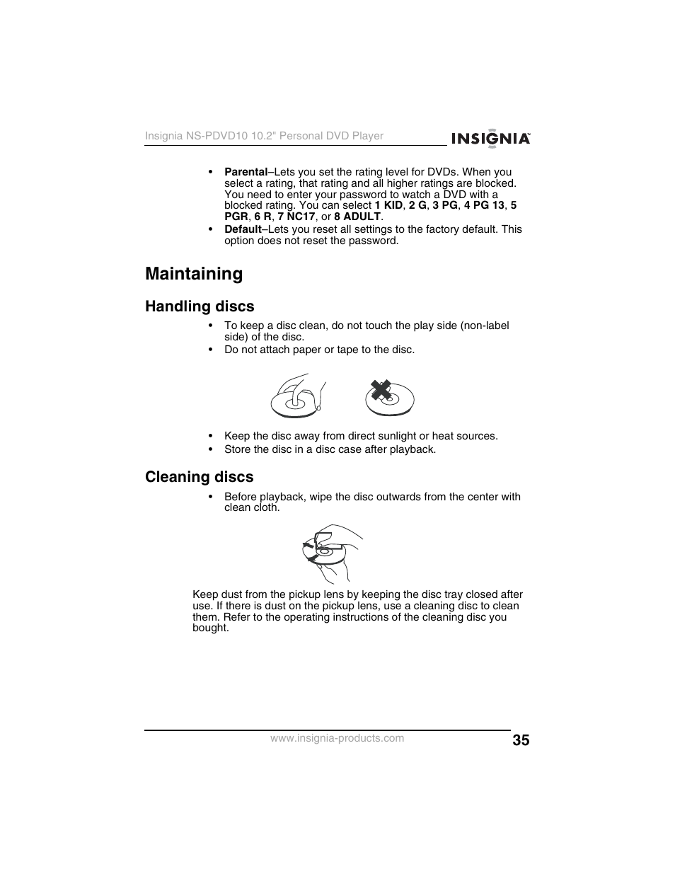 Maintaining, Handling discs, Cleaning discs | Insignia NS-PDVD10 User Manual | Page 37 / 130