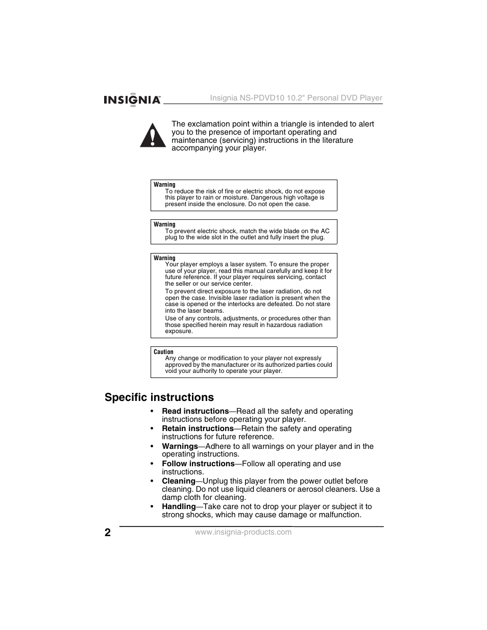 Specific instructions | Insignia NS-PDVD10 User Manual | Page 4 / 130