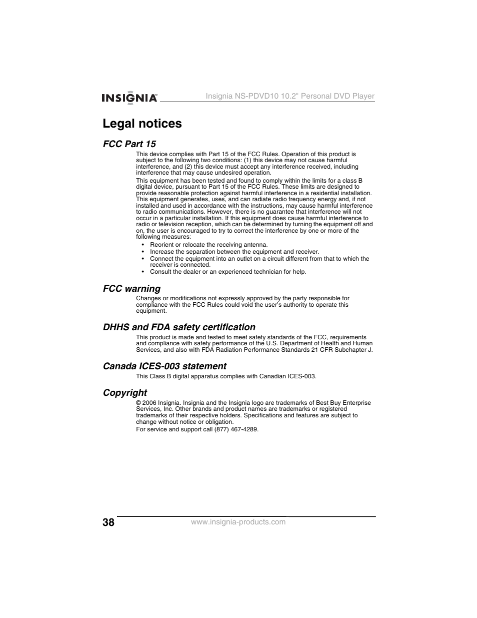 Legal notices, Fcc part 15, Fcc warning | Dhhs and fda safety certification, Canada ices-003 statement, Copyright | Insignia NS-PDVD10 User Manual | Page 40 / 130