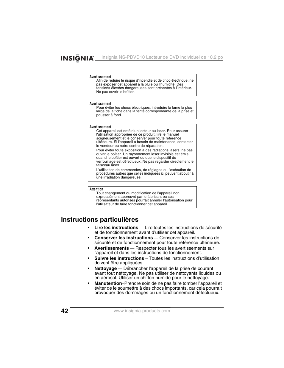 Instructions particulières | Insignia NS-PDVD10 User Manual | Page 44 / 130