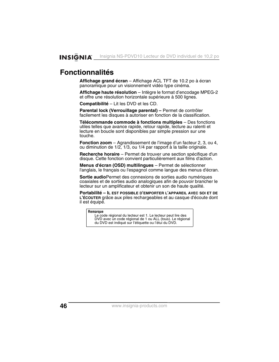 Fonctionnalités | Insignia NS-PDVD10 User Manual | Page 48 / 130