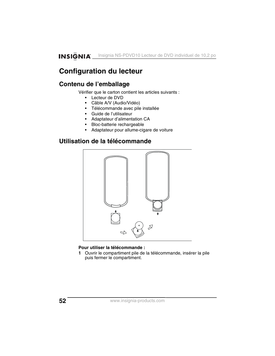 Configuration du lecteur, Contenu de l’emballage, Utilisation de la télécommande | Insignia NS-PDVD10 User Manual | Page 54 / 130