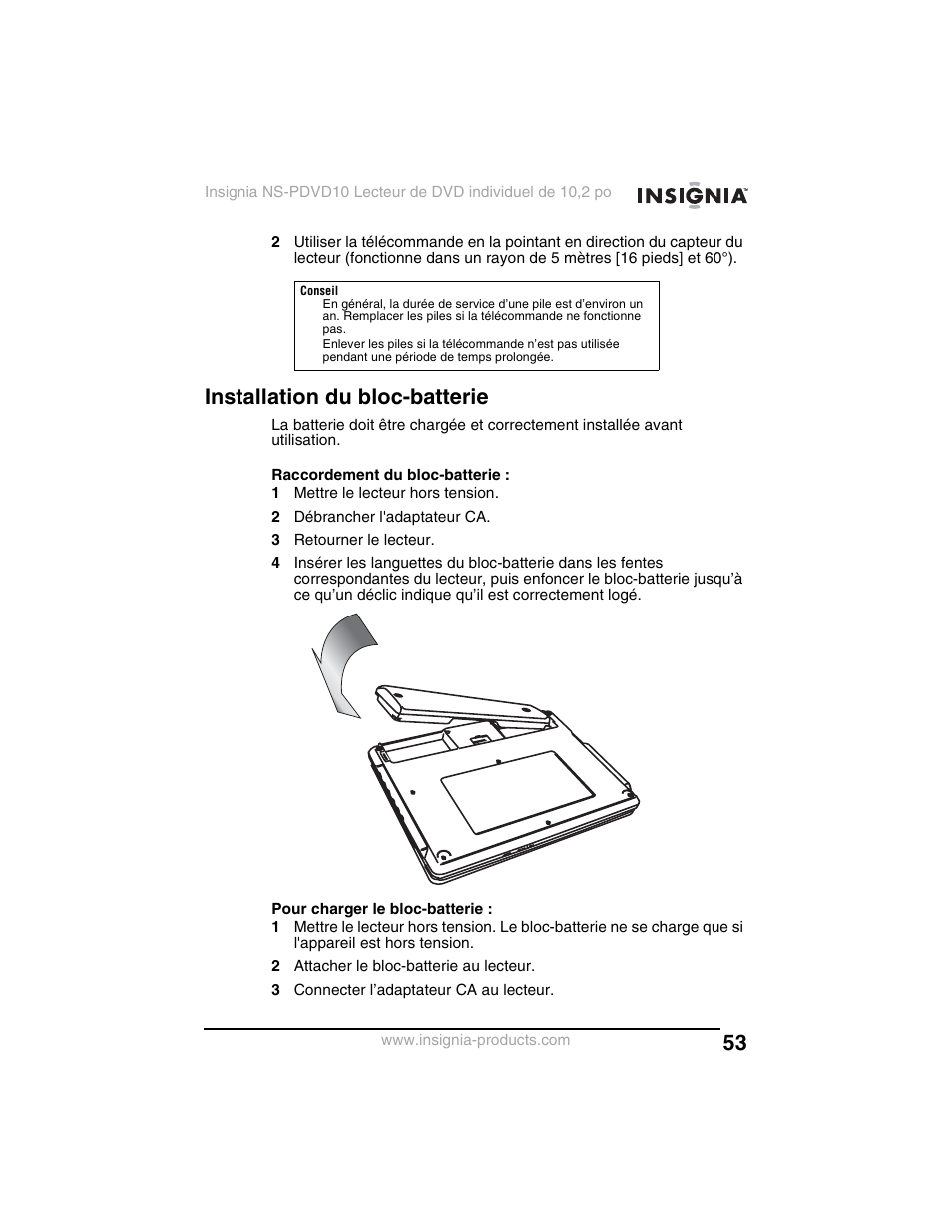 Installation du bloc-batterie | Insignia NS-PDVD10 User Manual | Page 55 / 130