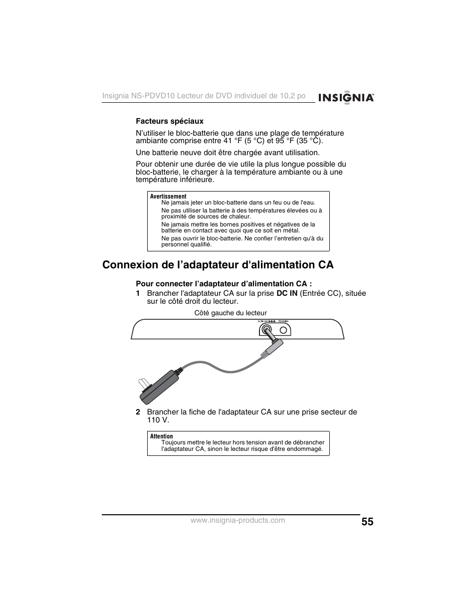 Connexion de l’adaptateur d'alimentation ca | Insignia NS-PDVD10 User Manual | Page 57 / 130