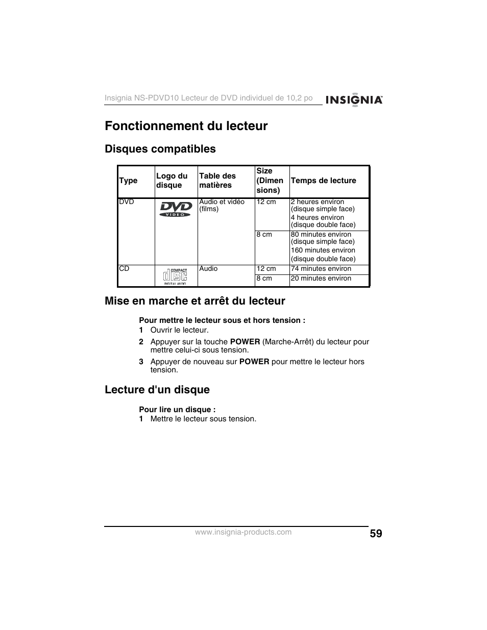 Fonctionnement du lecteur, Lecture d'un disque | Insignia NS-PDVD10 User Manual | Page 61 / 130