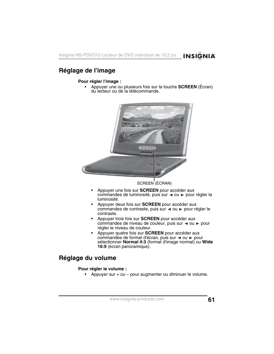 Réglage de l'image, Réglage du volume | Insignia NS-PDVD10 User Manual | Page 63 / 130