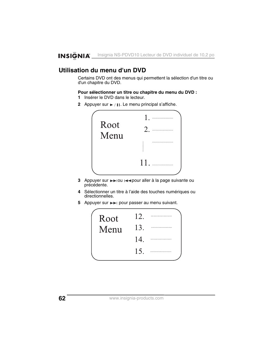 Utilisation du menu d'un dvd | Insignia NS-PDVD10 User Manual | Page 64 / 130