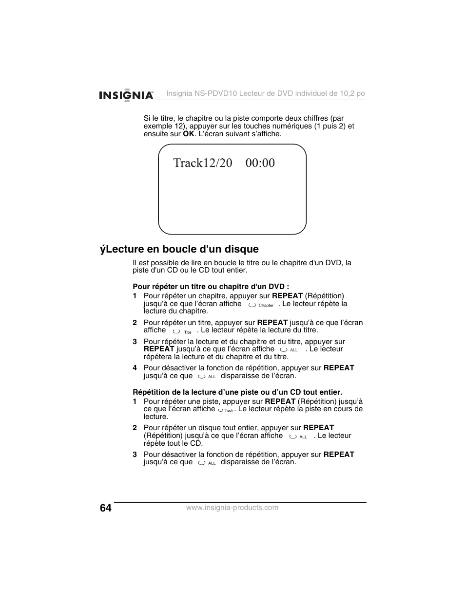 Ýlecture en boucle d'un disque | Insignia NS-PDVD10 User Manual | Page 66 / 130