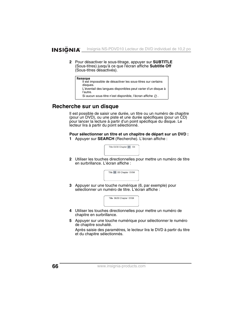 Recherche sur un disque | Insignia NS-PDVD10 User Manual | Page 68 / 130