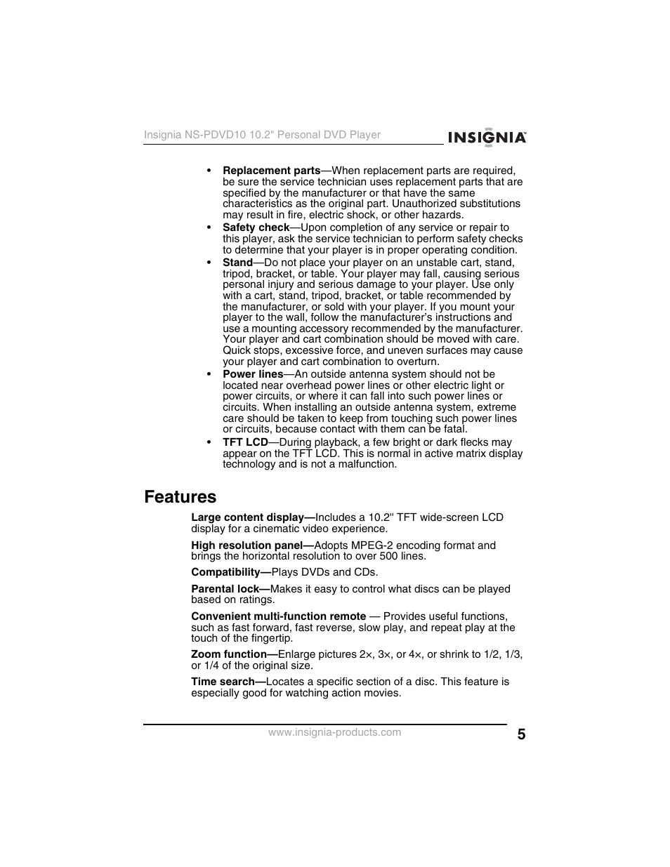 Features | Insignia NS-PDVD10 User Manual | Page 7 / 130