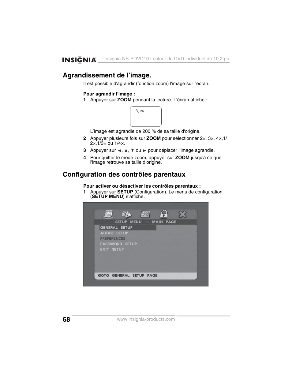 Agrandissement de l’image, Configuration des contrôles parentaux | Insignia NS-PDVD10 User Manual | Page 70 / 130
