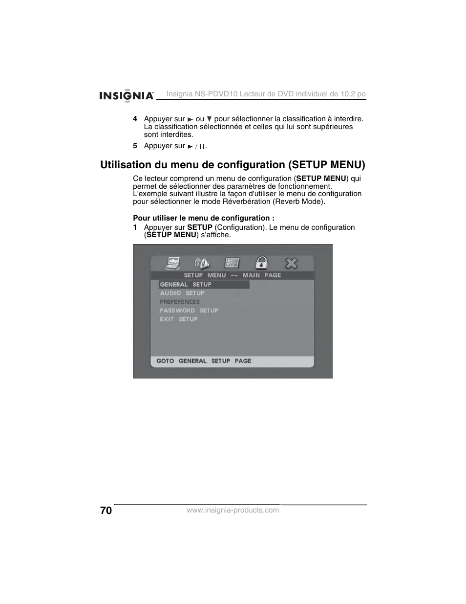Utilisation du menu de configuration (setup menu) | Insignia NS-PDVD10 User Manual | Page 72 / 130