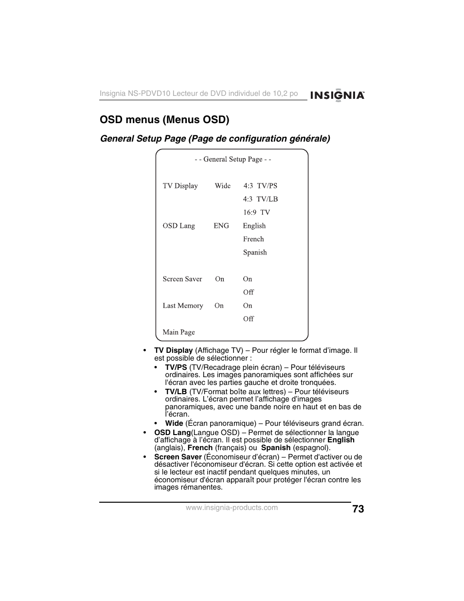 Osd menus (menus osd) | Insignia NS-PDVD10 User Manual | Page 75 / 130