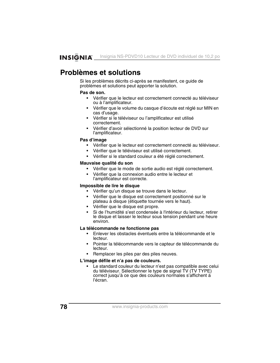 Problèmes et solutions | Insignia NS-PDVD10 User Manual | Page 80 / 130