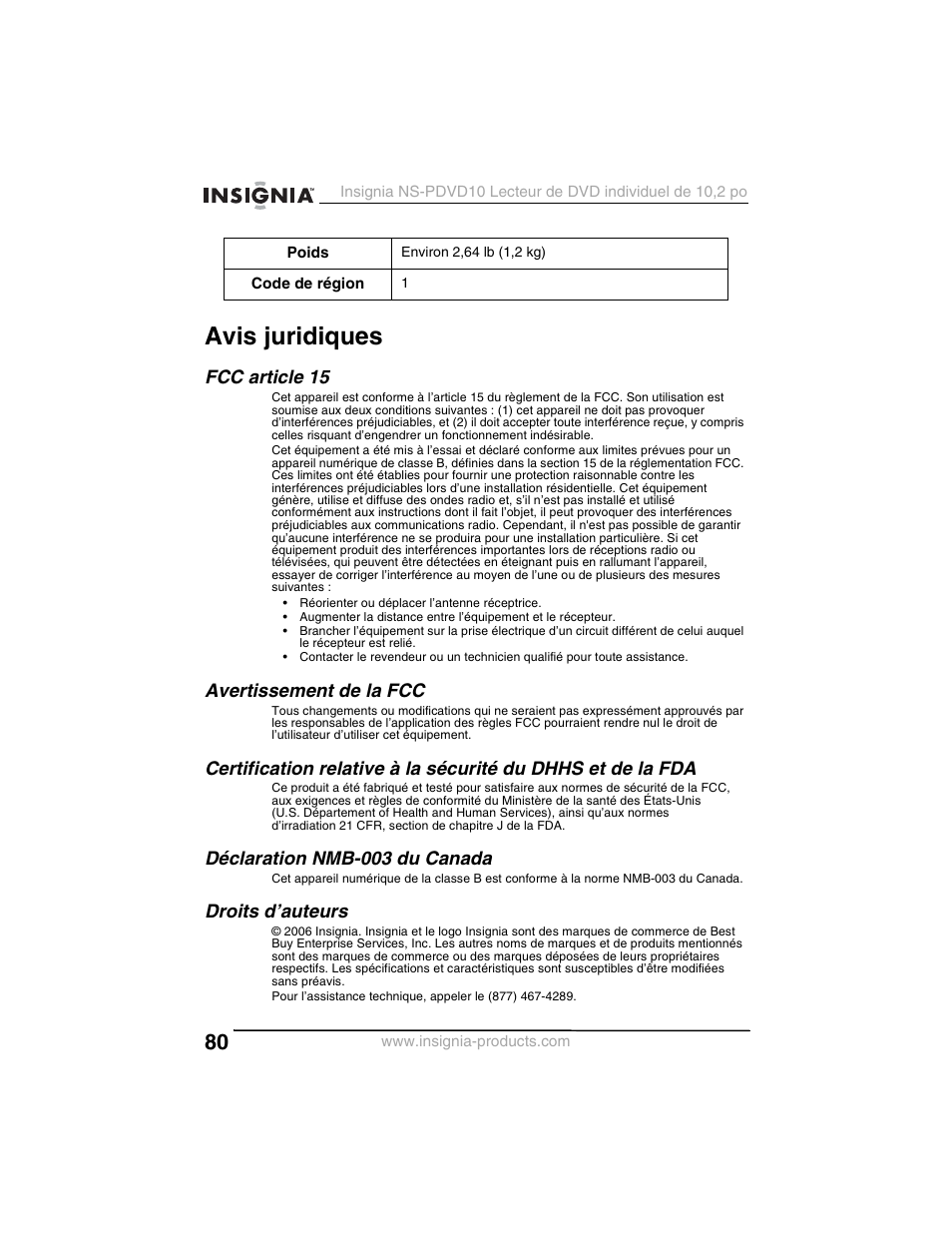 Avis juridiques, Fcc article 15, Avertissement de la fcc | Déclaration nmb-003 du canada, Droits d’auteurs | Insignia NS-PDVD10 User Manual | Page 82 / 130