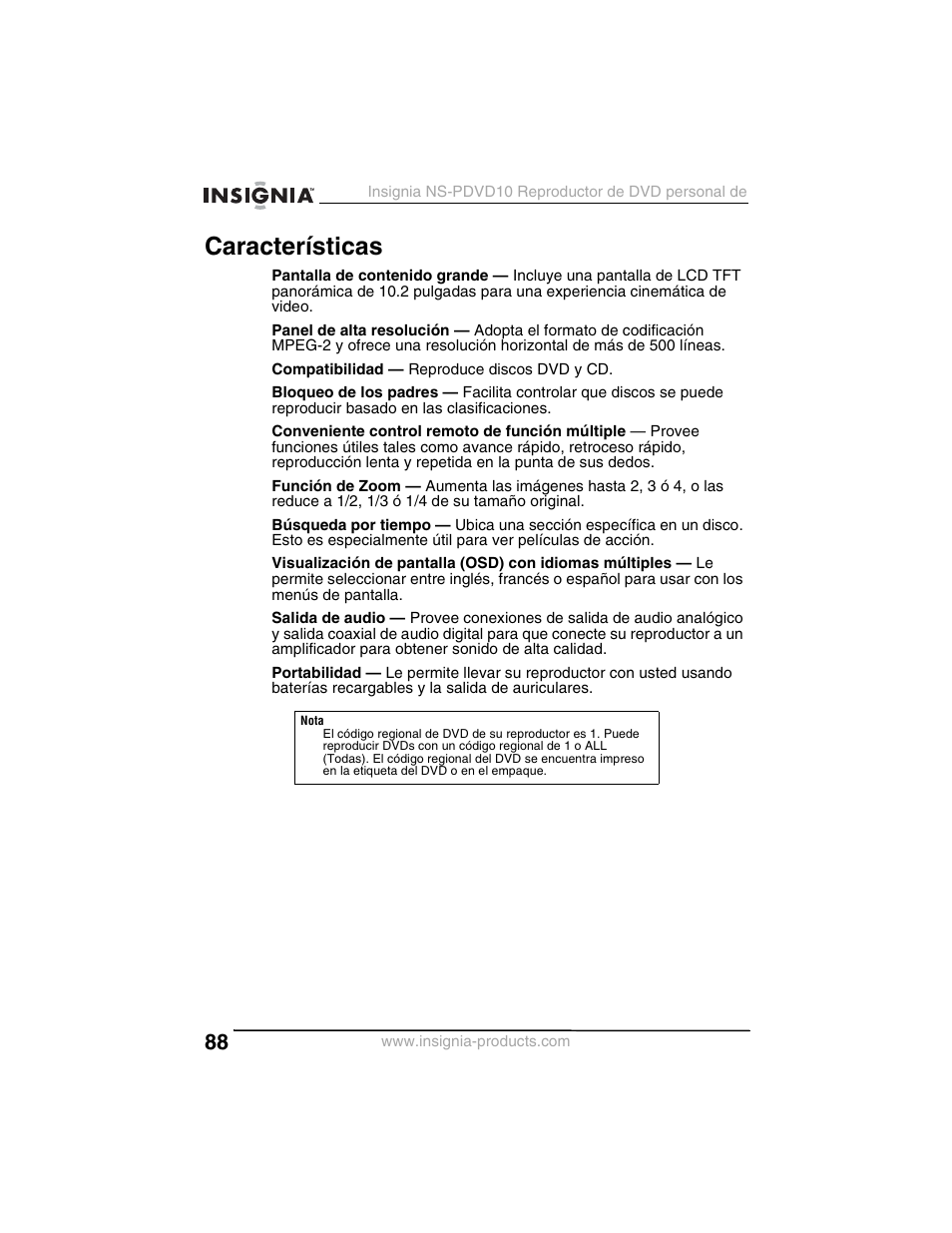 Características | Insignia NS-PDVD10 User Manual | Page 90 / 130