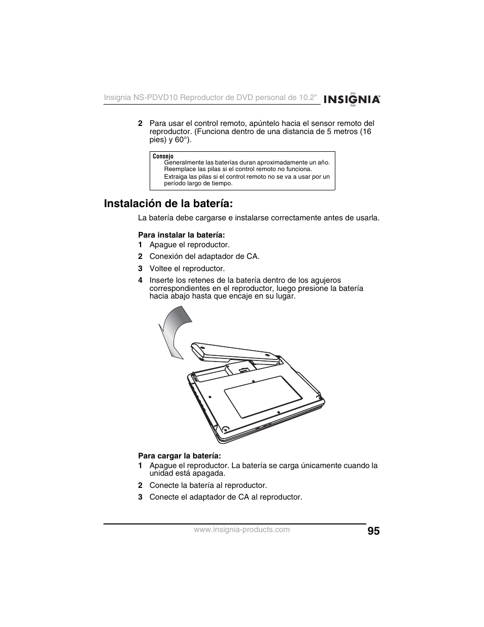 Instalación de la batería | Insignia NS-PDVD10 User Manual | Page 97 / 130