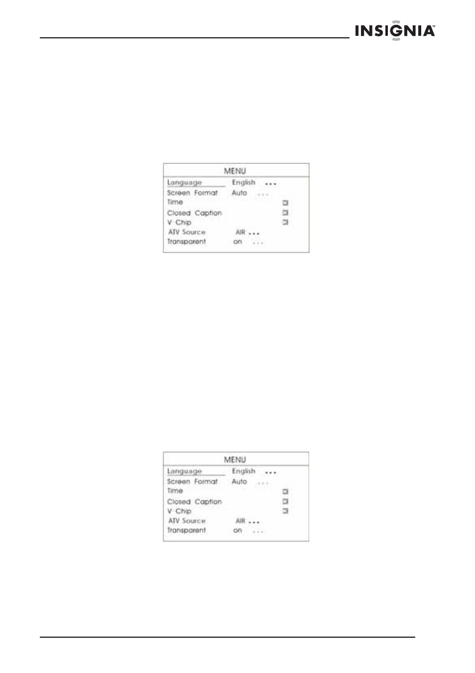 Configuration de la source tva, Pour configurer la source tva, Réglage de la transparence du menu | Pour régler la transparence du menu | Insignia NS-7HTV User Manual | Page 43 / 76