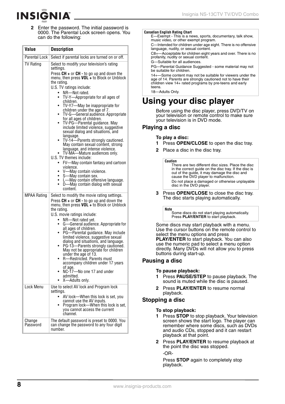 Using your disc player, Playing a disc, Pausing a disc | Stopping a disc | Insignia NS-13CTV User Manual | Page 10 / 48