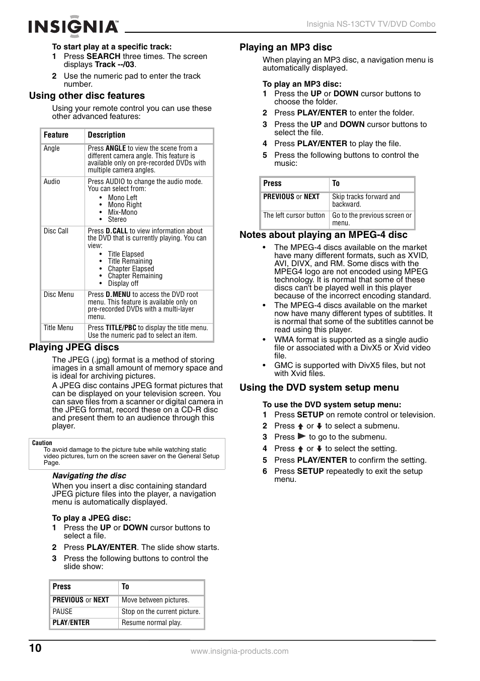 Using other disc features, Playing jpeg discs, Playing an mp3 disc | Using the dvd system setup menu | Insignia NS-13CTV User Manual | Page 12 / 48