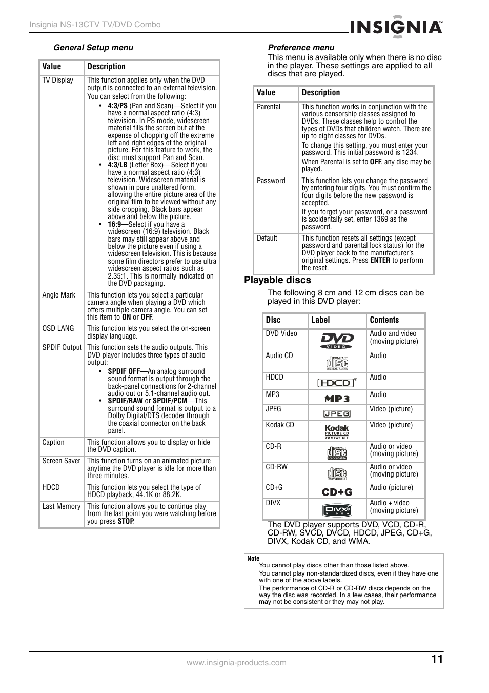 Playable discs | Insignia NS-13CTV User Manual | Page 13 / 48