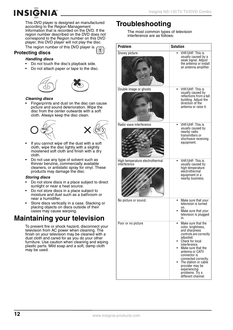 Maintaining your television, Troubleshooting, Protecting discs | Insignia NS-13CTV User Manual | Page 14 / 48