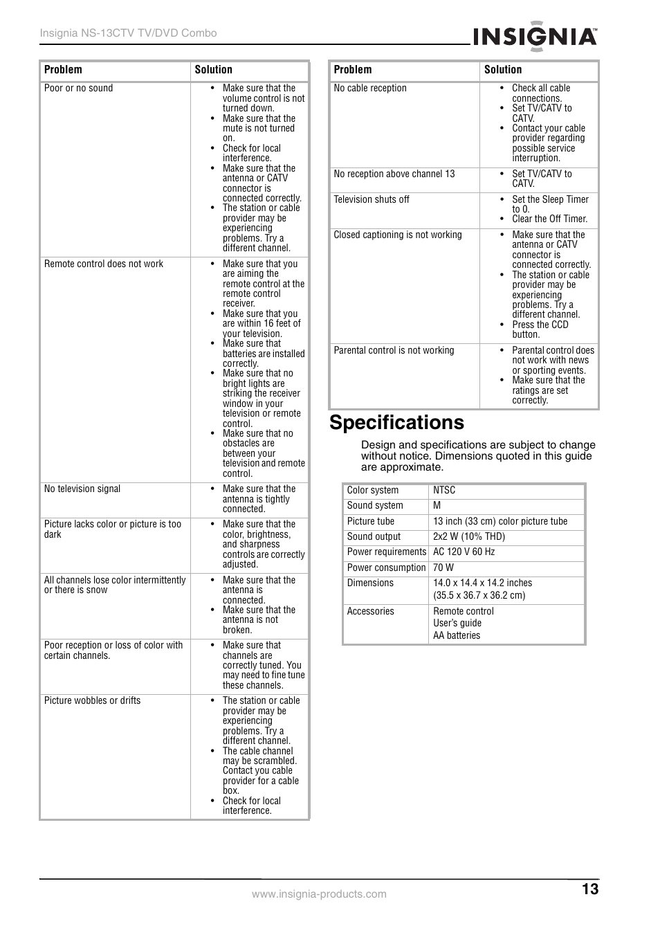 Specifications | Insignia NS-13CTV User Manual | Page 15 / 48