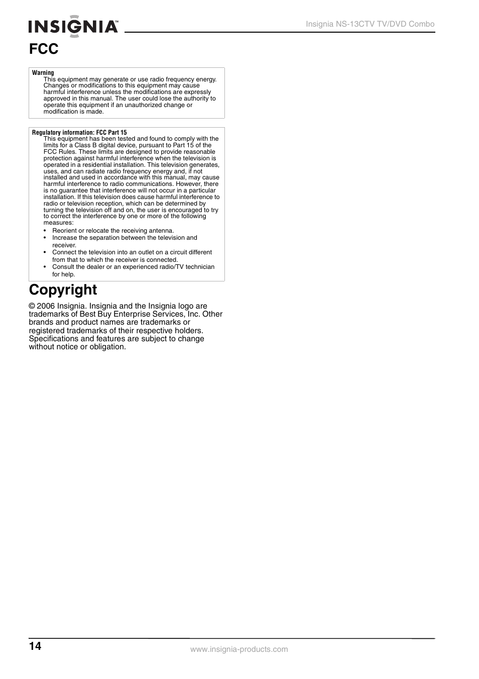 Fcc copyright | Insignia NS-13CTV User Manual | Page 16 / 48