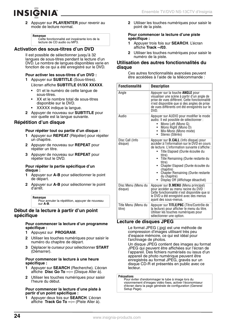 Activation des sous-titres d’un dvd, Répétition d’un disque, Début de la lecture à partir d’un point spécifique | Utilisation des autres fonctionnalités du disque, Lecture de disques jpeg | Insignia NS-13CTV User Manual | Page 26 / 48