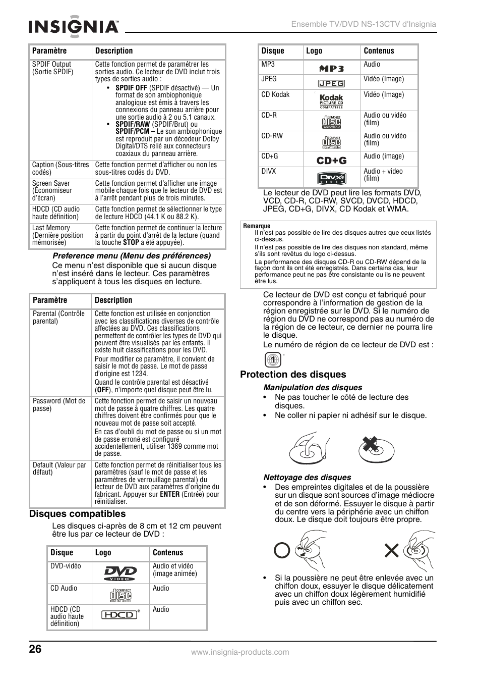 Disques compatibles, Protection des disques | Insignia NS-13CTV User Manual | Page 28 / 48