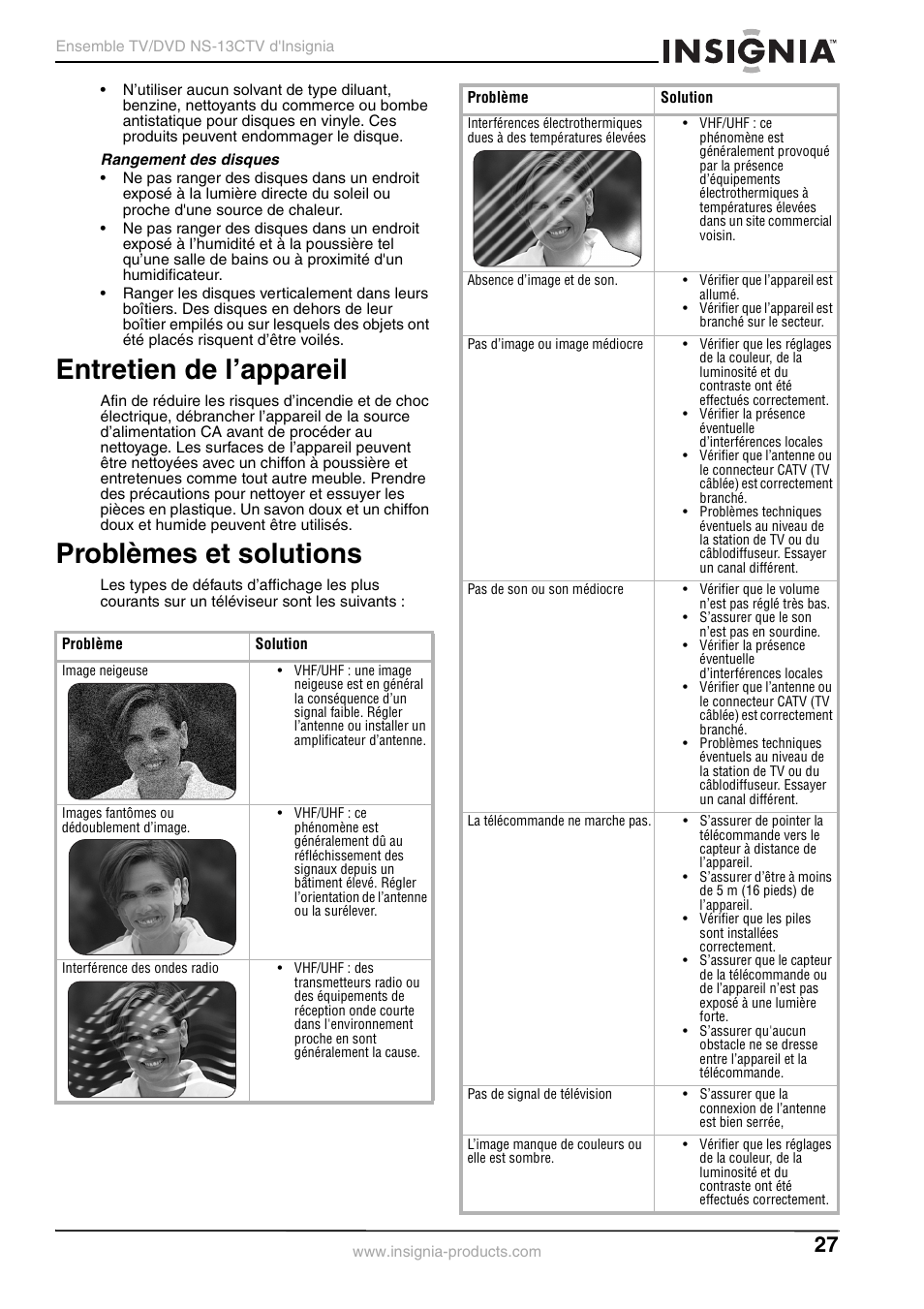 Entretien de l’appareil, Problèmes et solutions | Insignia NS-13CTV User Manual | Page 29 / 48