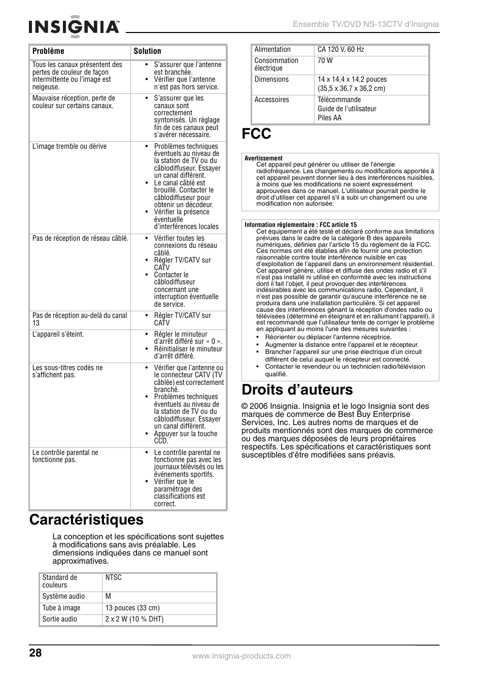 Caractéristiques, Fcc droits d’auteurs | Insignia NS-13CTV User Manual | Page 30 / 48