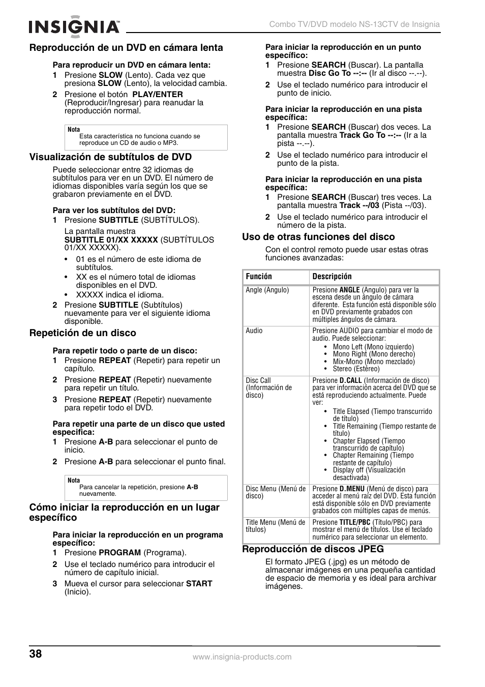 Reproducción de un dvd en cámara lenta, Visualización de subtítulos de dvd, Repetición de un disco | Uso de otras funciones del disco, Reproducción de discos jpeg | Insignia NS-13CTV User Manual | Page 40 / 48