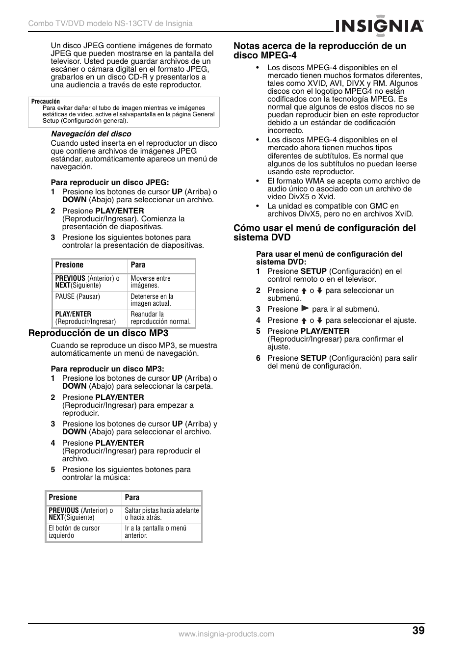 Reproducción de un disco mp3, Notas acerca de la reproducción de un disco mpeg-4, Cómo usar el menú de configuración del sistema dvd | Insignia NS-13CTV User Manual | Page 41 / 48