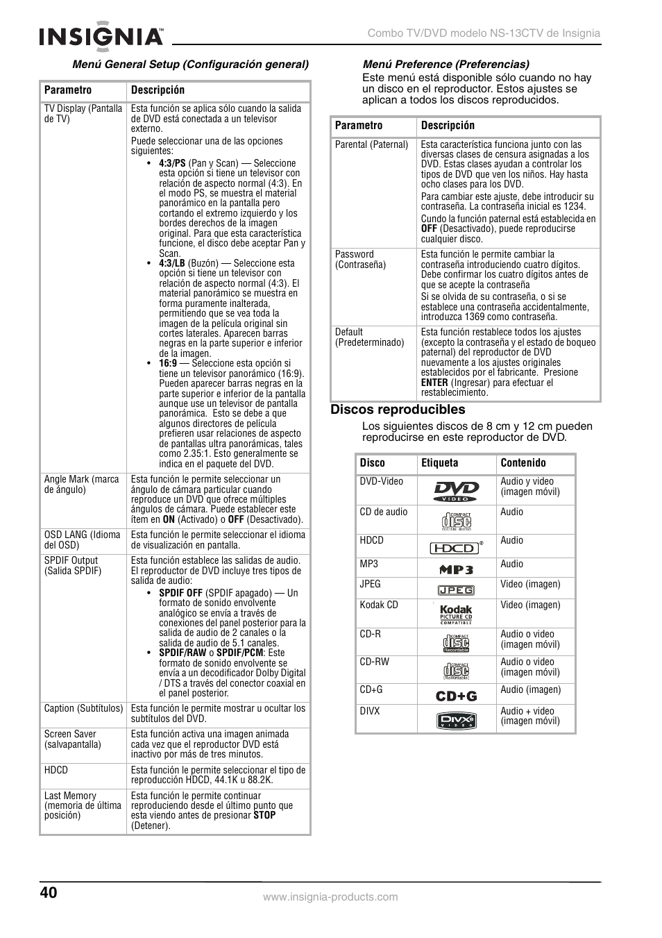 Discos reproducibles | Insignia NS-13CTV User Manual | Page 42 / 48
