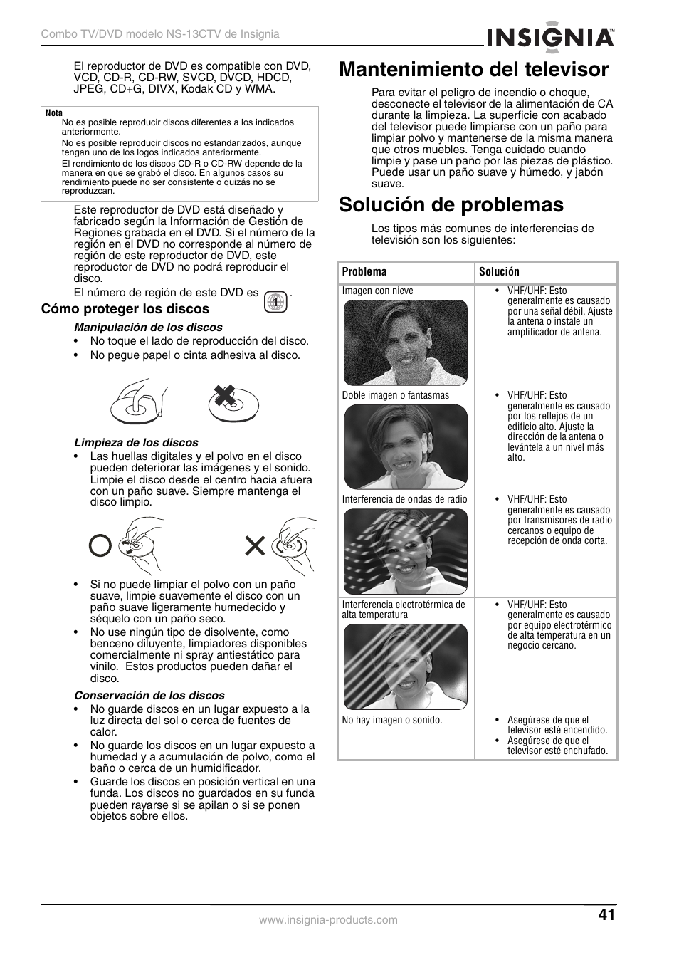 Mantenimiento del televisor, Solución de problemas, Cómo proteger los discos | Insignia NS-13CTV User Manual | Page 43 / 48
