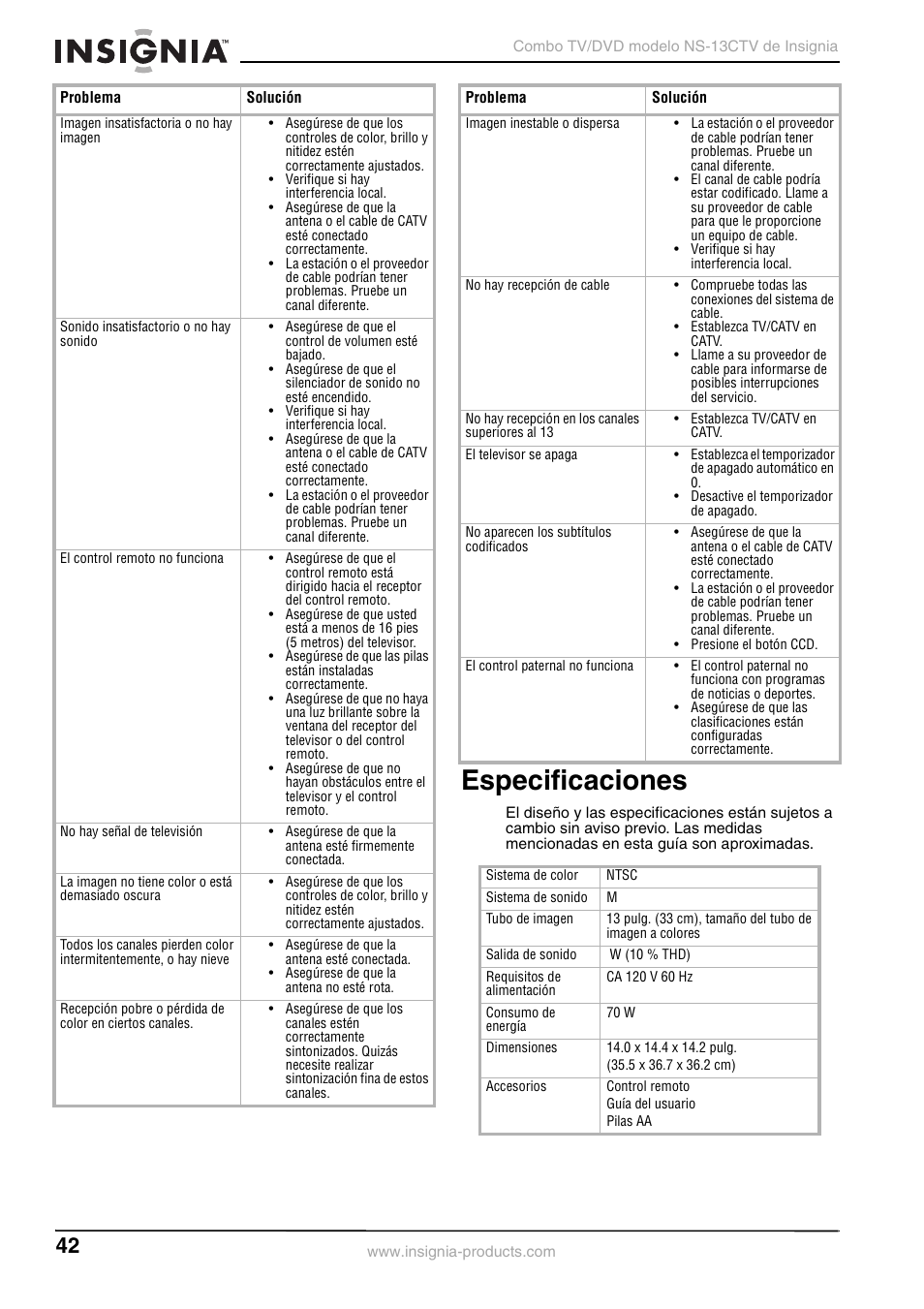 Especificaciones | Insignia NS-13CTV User Manual | Page 44 / 48