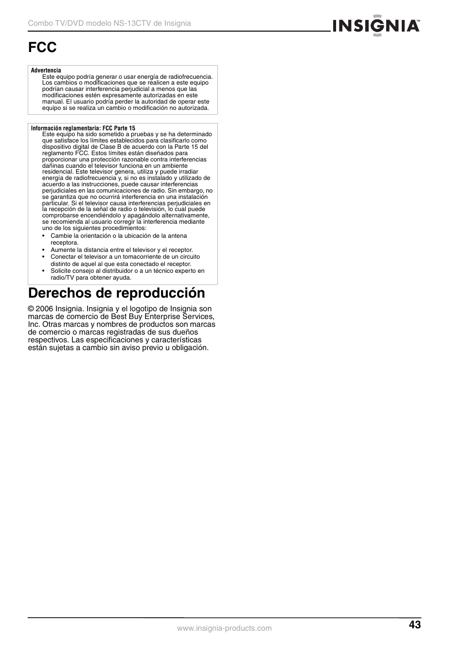 Fcc derechos de reproducción | Insignia NS-13CTV User Manual | Page 45 / 48