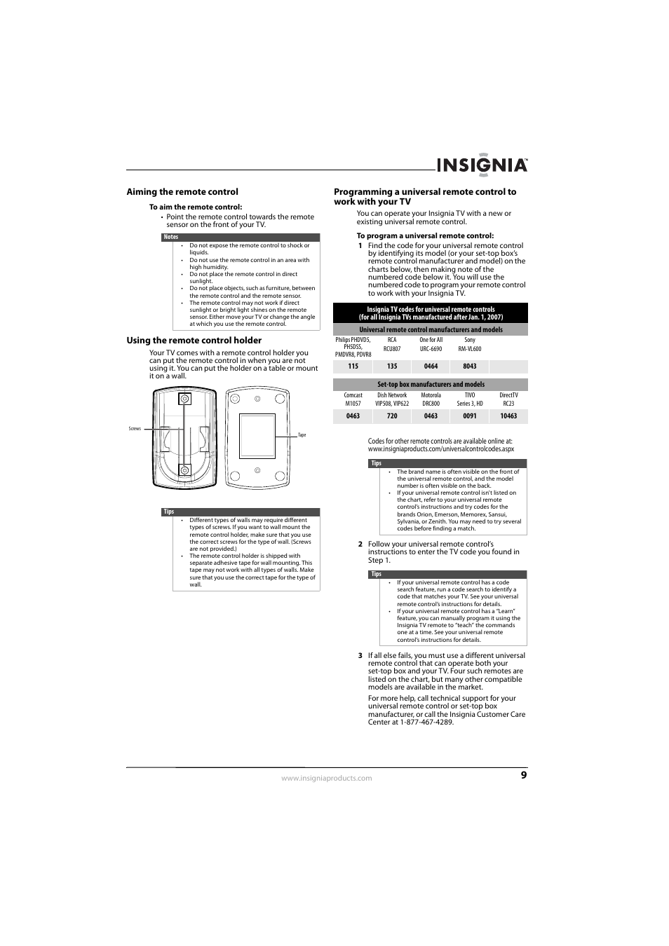 Aiming the remote control, Using the remote control holder | Insignia NS-L22Q-10A User Manual | Page 13 / 40