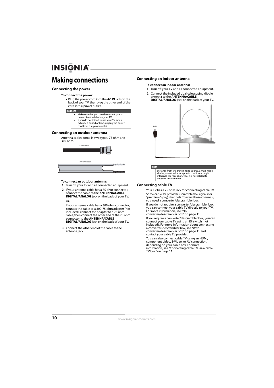 Making connections, Connecting the power, Connecting an outdoor antenna | Connecting an indoor antenna, Connecting cable tv, Ee “connecting an outdoor antenna | Insignia NS-L22Q-10A User Manual | Page 14 / 40