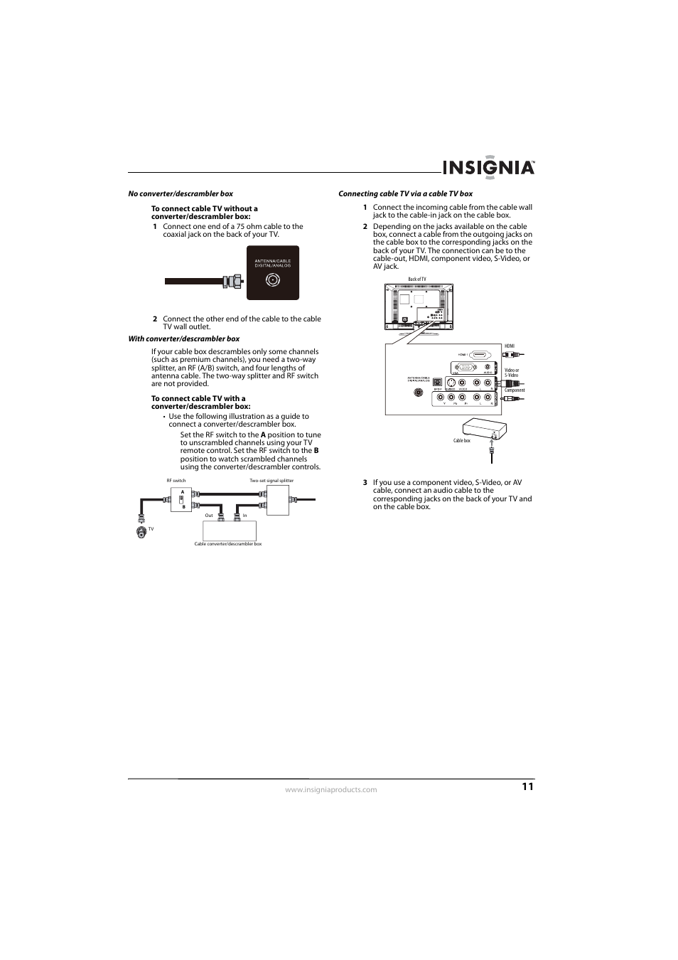 No converter/descrambler box, With converter/descrambler box, Ge 11 a | Connecting cable tv via a cable tv box | Insignia NS-L22Q-10A User Manual | Page 15 / 40